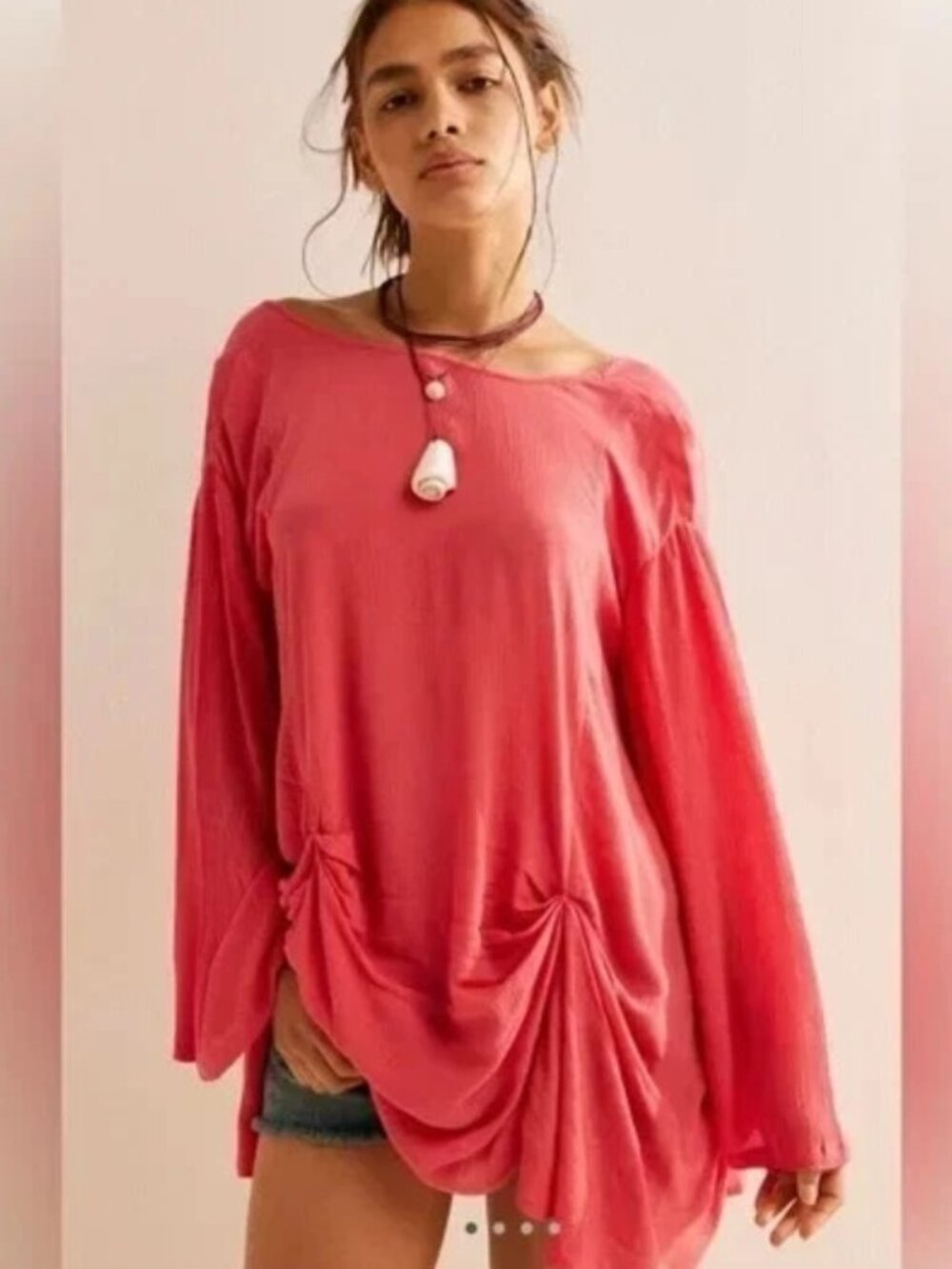 Free People Sea Salt Tunic Top Aged Coral Dipped V Neck Ruched XS